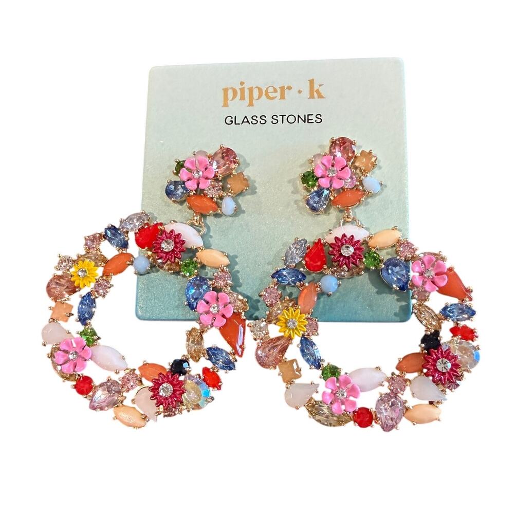 Piper K Multicolor Glass Stone Floral Wreath Statement Hoop Earrings (NWT)